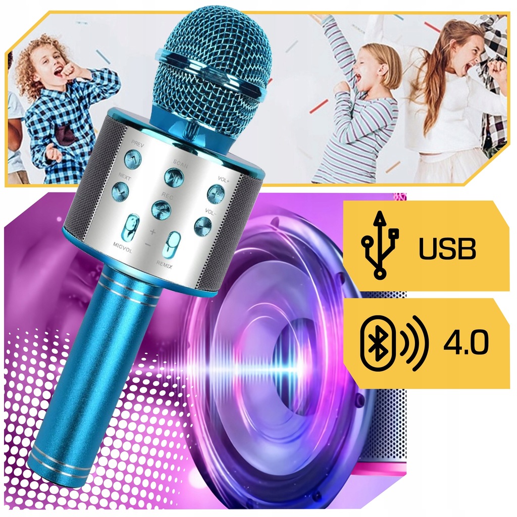 BEZPRZEWODOWY MIKROFON KARAOKE BLUETOOTH GŁOŚNIK DLA DZIECI NA PREZENT USB Model ws585-niebieski-ETUI